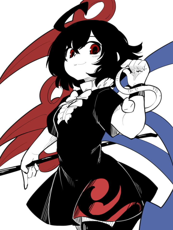 1girl ahoge asymmetrical_wings bangs berusuke_(beru_no_su) black_dress black_hair black_legwear black_wristband blue_wings bow bowtie breasts center_frills commentary_request cowboy_shot dress frills holding holding_polearm holding_weapon houjuu_nue limited_palette looking_at_viewer mitsudomoe_(shape) polearm red_eyes red_wings short_hair short_sleeves small_breasts smile snake solo thigh-highs tomoe_(symbol) touhou weapon white_background wings