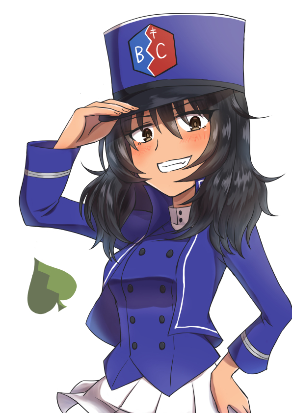 1girl adjusting_clothes adjusting_headwear andou_(girls_und_panzer) bangs bc_freedom_(emblem) bc_freedom_military_uniform black_hair blue_headwear blue_jacket blue_vest blush brown_eyes commentary_request dark_skin dress_shirt emblem girls_und_panzer grin hand_on_hip hat high_collar jacket kepi long_sleeves looking_at_viewer medium_hair messy_hair military military_hat military_uniform miniskirt pleated_skirt salt-apple shirt simple_background skirt smile solo spade_(shape) standing uniform vest white_background white_shirt white_skirt wind wind_lift