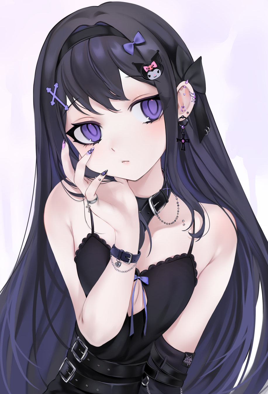 1girl akemi_homura bangs bare_shoulders black_dress black_hair black_hairband black_nails bow collarbone commentary_request dress ear_piercing earrings hair_bow hair_ornament hairband hairclip hand_on_own_face hand_up highres jewelry long_hair looking_at_viewer mahou_shoujo_madoka_magica nail_art nail_polish ompf piercing solo upper_body violet_eyes