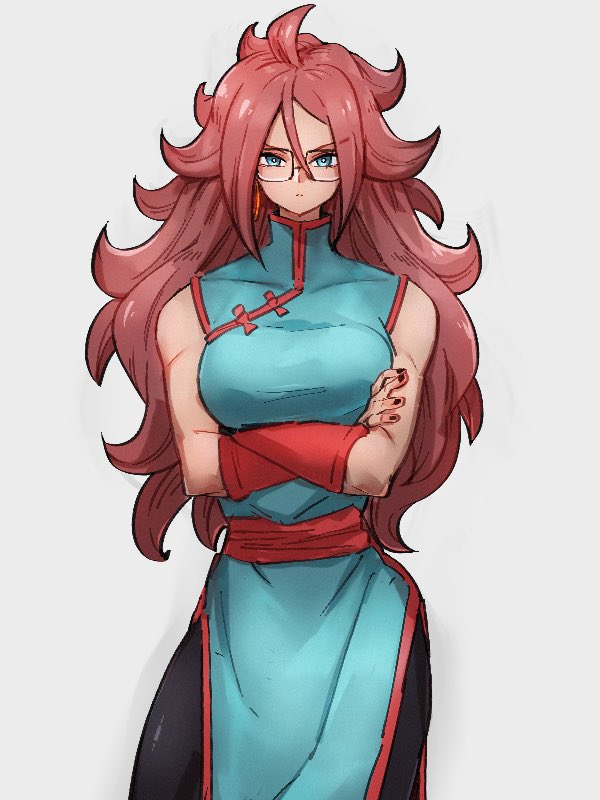 1girl android_21 blue_dress blue_eyes breasts chi-chi_(dragon_ball) chi-chi_(dragon_ball)_(cosplay) china_dress chinese_clothes cosplay crossed_arms dragon_ball dragon_ball_(classic) dragon_ball_fighterz dress earrings glasses grey_background hair_between_eyes hoop_earrings jewelry kemachiku long_hair looking_at_viewer medium_breasts redhead simple_background solo