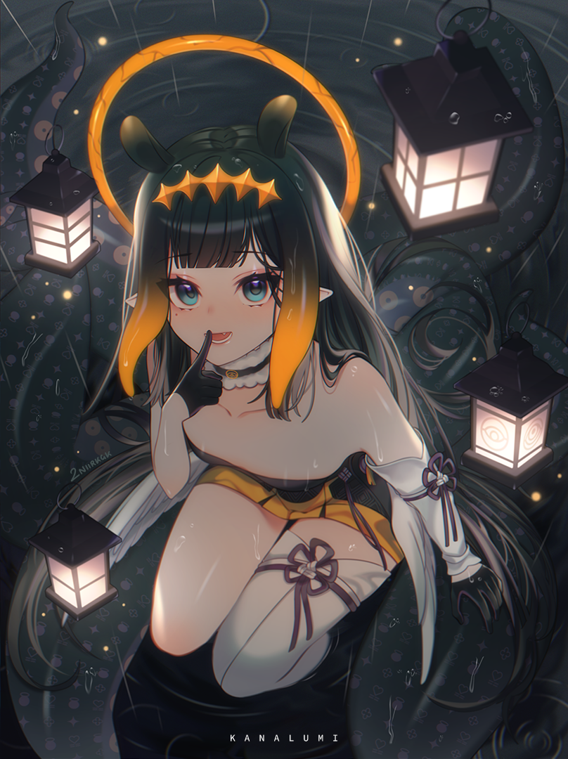 1girl 2nii arm_support bangs black_collar black_gloves black_hair blue_eyes blunt_bangs clothing_request collar commentary dark eyebrows_visible_through_hair fang fur-trimmed_collar gloves gradient_hair halo hand_to_own_mouth headpiece hololive hololive_english lantern long_hair looking_at_viewer looking_up low_wings lower_teeth mole mole_under_eye multicolored_hair ninomae_ina'nis open_mouth orange_hair pointy_ears rain sidelocks signature single_thighhigh sitting smile solo tentacle_hair tentacles thigh-highs very_long_hair virtual_youtuber water_drop white_legwear wings