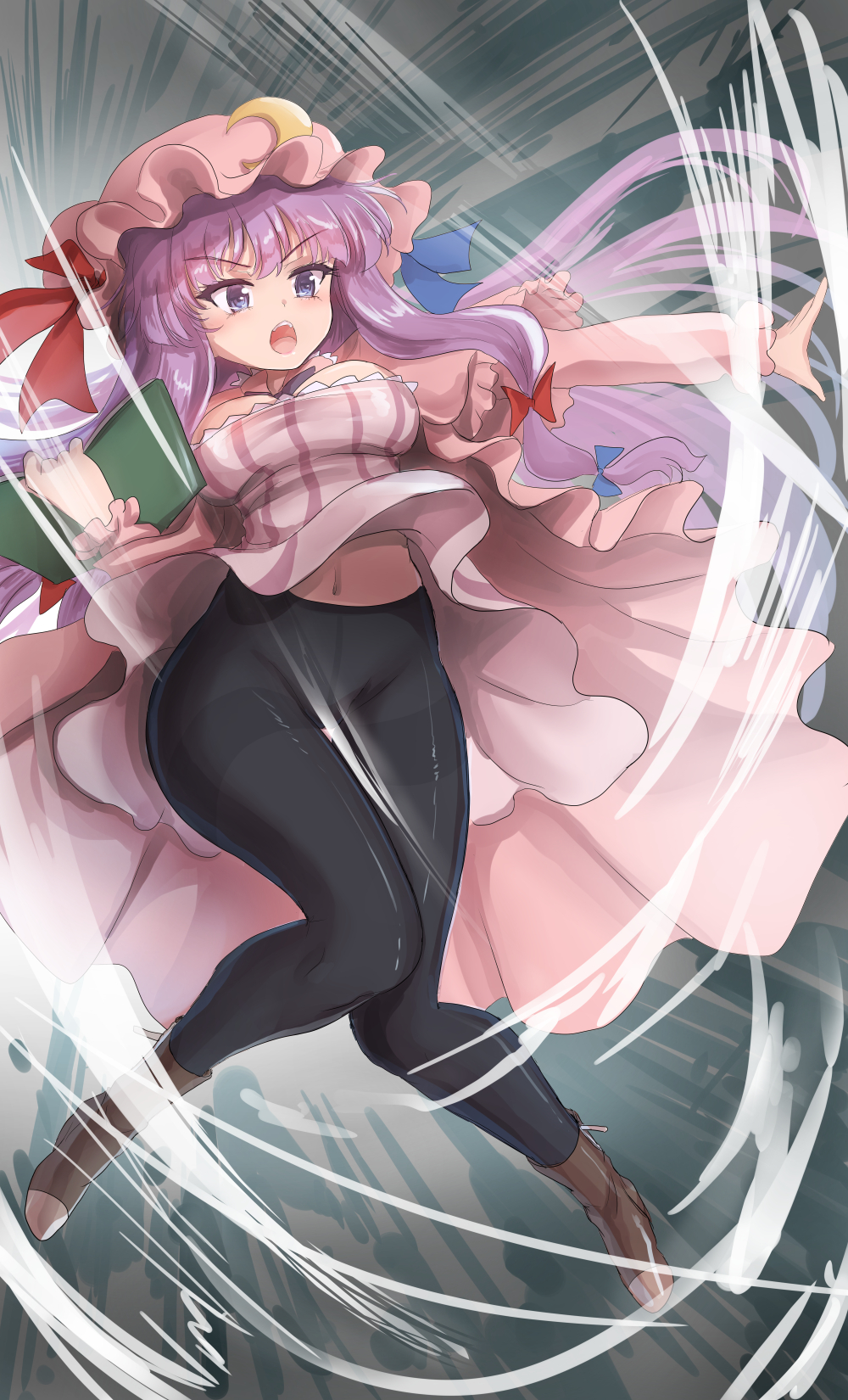 1girl bangs black_pants blue_ribbon book breasts brown_footwear crescent crescent_pin dress eyebrows_visible_through_hair hat hat_ribbon highres holding holding_book mob_cap namiki_(remiter00) open_book open_mouth pants patchouli_knowledge pink_dress pink_headwear pink_shirt purple_hair red_ribbon ribbon shirt sidelocks striped striped_shirt touhou v-shaped_eyebrows violet_eyes
