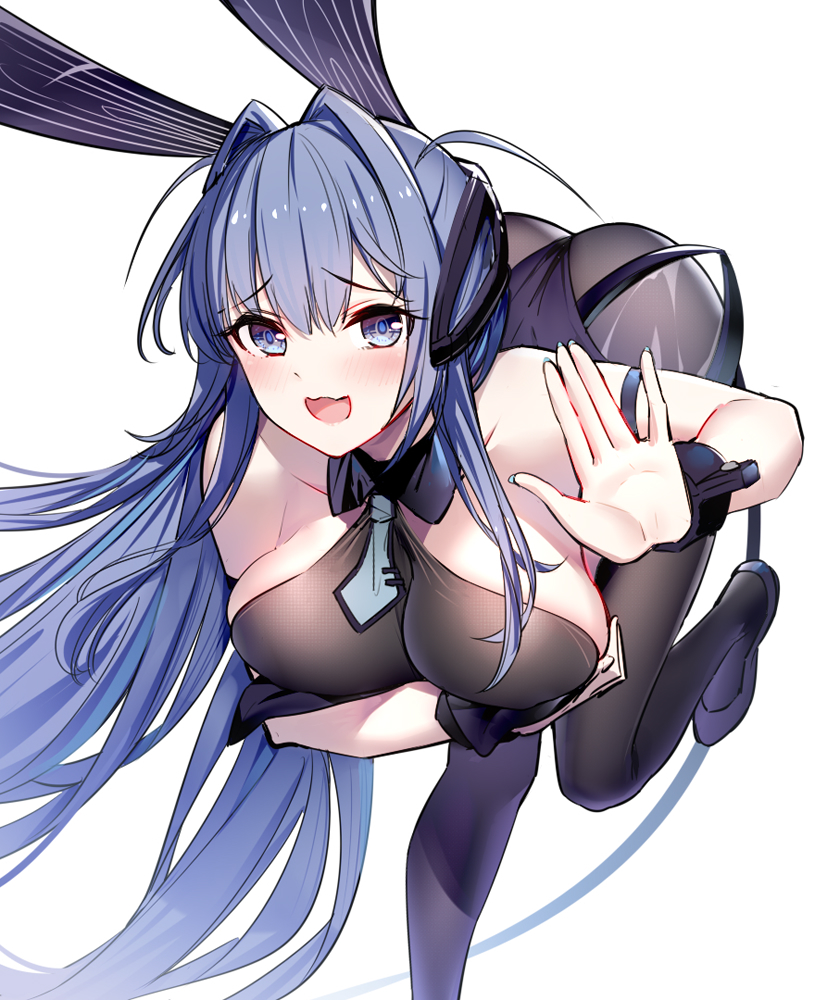 1girl animal_ears ass azur_lane bangs bare_shoulders bent_over black_footwear black_legwear black_leotard blue_eyes blue_hair breasts collarbone commentary_request eyebrows_visible_through_hair hair_between_eyes hand_up headgear large_breasts leotard long_hair new_jersey_(azur_lane) new_jersey_(exhilarating_steps!)_(azur_lane) open_mouth pantyhose rabbit_ears ririko_(zhuoyandesailaer) shoes simple_background solo standing standing_on_one_leg very_long_hair white_background