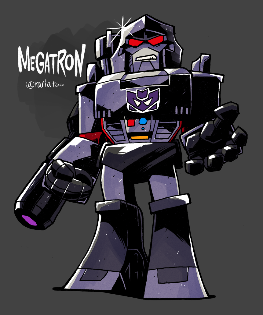 1980s_(style) 1boy arm_cannon cannon chibi clenched_hand evil male_focus mecha megatron open_hand p38 rariatto_(ganguri) red_eyes retro_artstyle shading shading_mismatch shiny symbol transformers twitter_username weapon