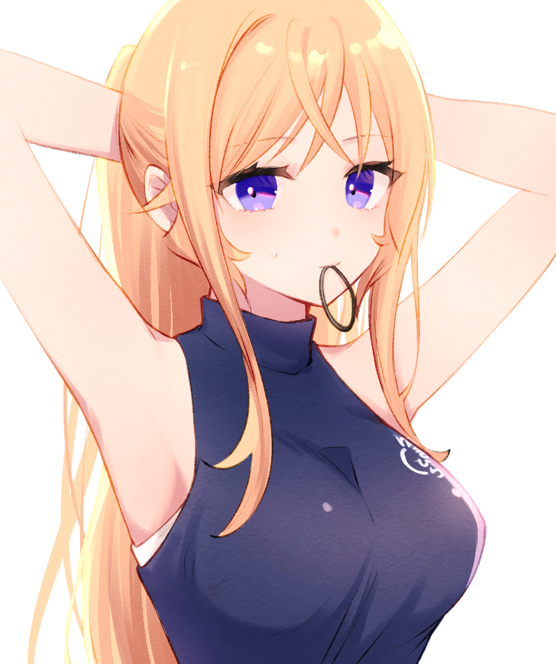 1girl armpits arms_behind_back blonde_hair blue_eyes blue_shirt breasts eyebrows_visible_through_hair hair_between_eyes hairdressing large_breasts nakiri_erina ponytail shirt shokugeki_no_souma sleeveless sleeveless_shirt ssr_ng