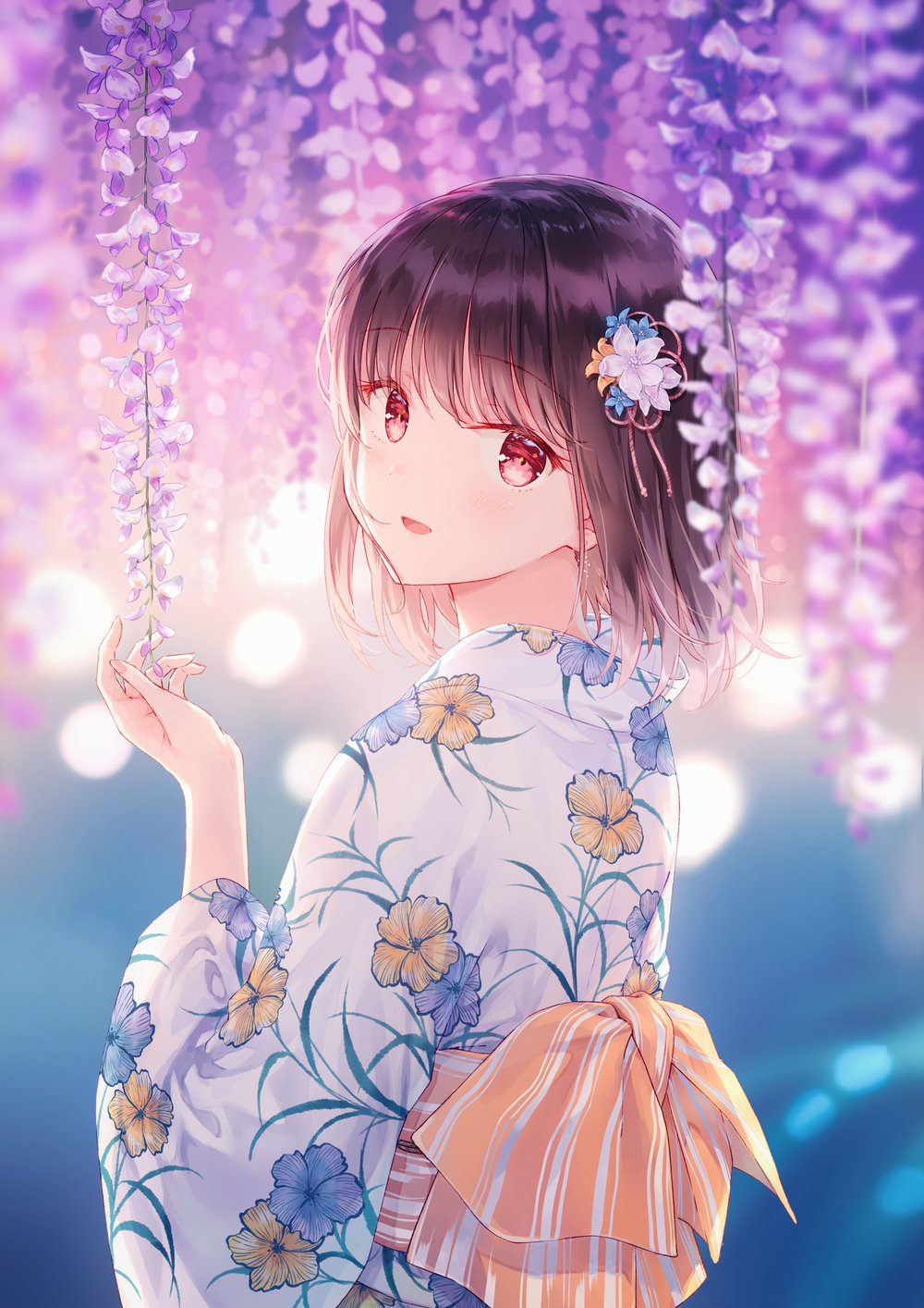 1girl back bangs blurry blurry_background blush brown_hair commentary depth_of_field english_commentary eyebrows_visible_through_hair floral_print flower hair_flower hair_ornament highres hiten_(hitenkei) japanese_clothes kimono looking_at_viewer looking_back obi open_mouth original print_kimono red_eyes sash smile solo upper_body white_kimono wide_sleeves wisteria