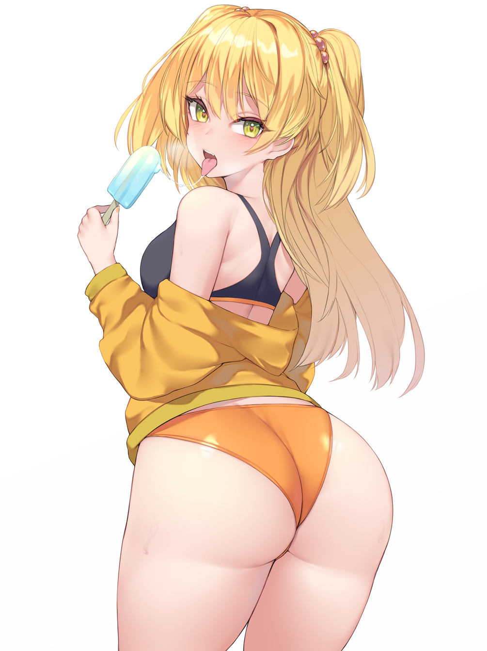 1girl ass blonde_hair breasts buruma food from_behind gyaru highres holding holding_food idolmaster idolmaster_cinderella_girls jougasaki_rika kogal kuavera long_hair looking_at_viewer looking_back medium_breasts popsicle shiny shiny_hair shiny_skin simple_background solo sports_bra standing tongue tongue_out two_side_up white_background yellow_buruma