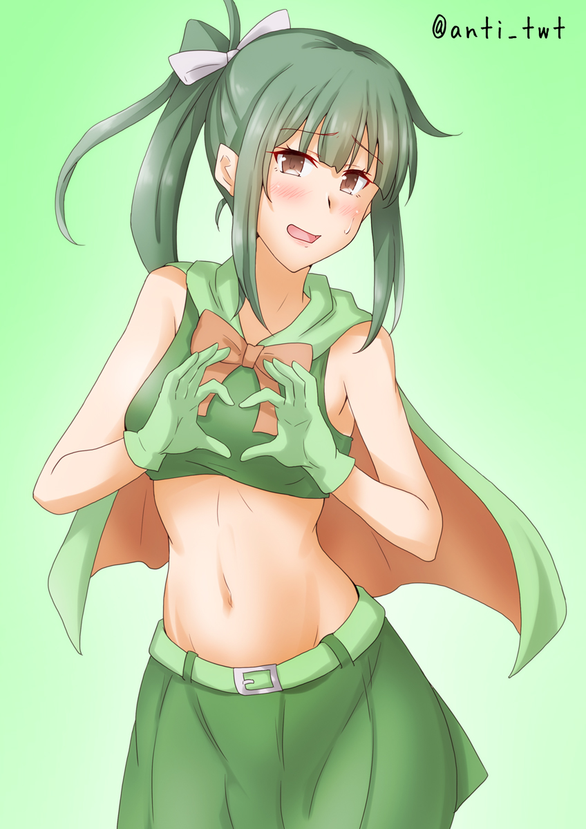 1girl anti_(untea9) belt bow brown_bow cape commentary_request cowboy_shot crop_top gradient gradient_background green_background green_cape green_hair green_skirt grey_ribbon hair_ribbon heart heart_hands highres kantai_collection long_hair looking_at_viewer midriff navel pleated_skirt ponytail ribbon skirt solo superhero yuubari_(kancolle)
