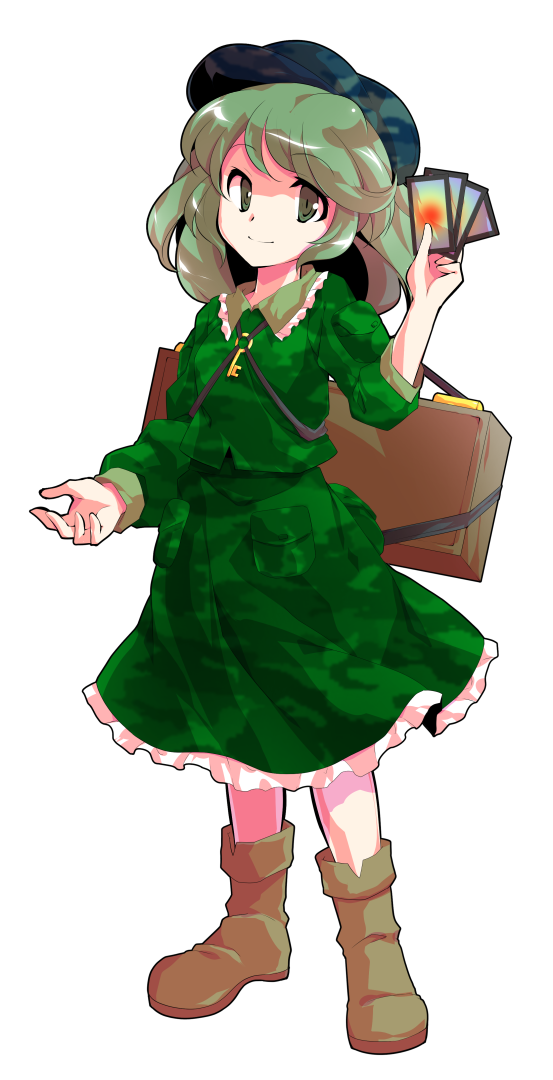 1girl alphes_(style) bangs boots brown_footwear card closed_mouth dairi dress eyebrows_visible_through_hair green_dress green_eyes green_hair green_headwear hand_up hat key_necklace looking_at_viewer parody short_hair simple_background smile solo standing style_parody tachi-e touhou unconnected_marketeers white_background yamashiro_takane