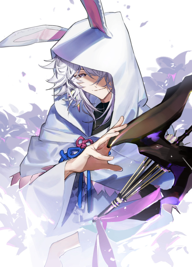 1boy animal_ears cloak commentary_request fate/grand_order fate_(series) floral_background flower hair_over_one_eye holding holding_staff hood hood_up hooded_cloak itefu long_sleeves looking_at_viewer male_focus merlin_(fate) rabbit_ears short_hair simple_background smile solo staff tagme upper_body violet_eyes white_background white_cloak white_flower white_hair