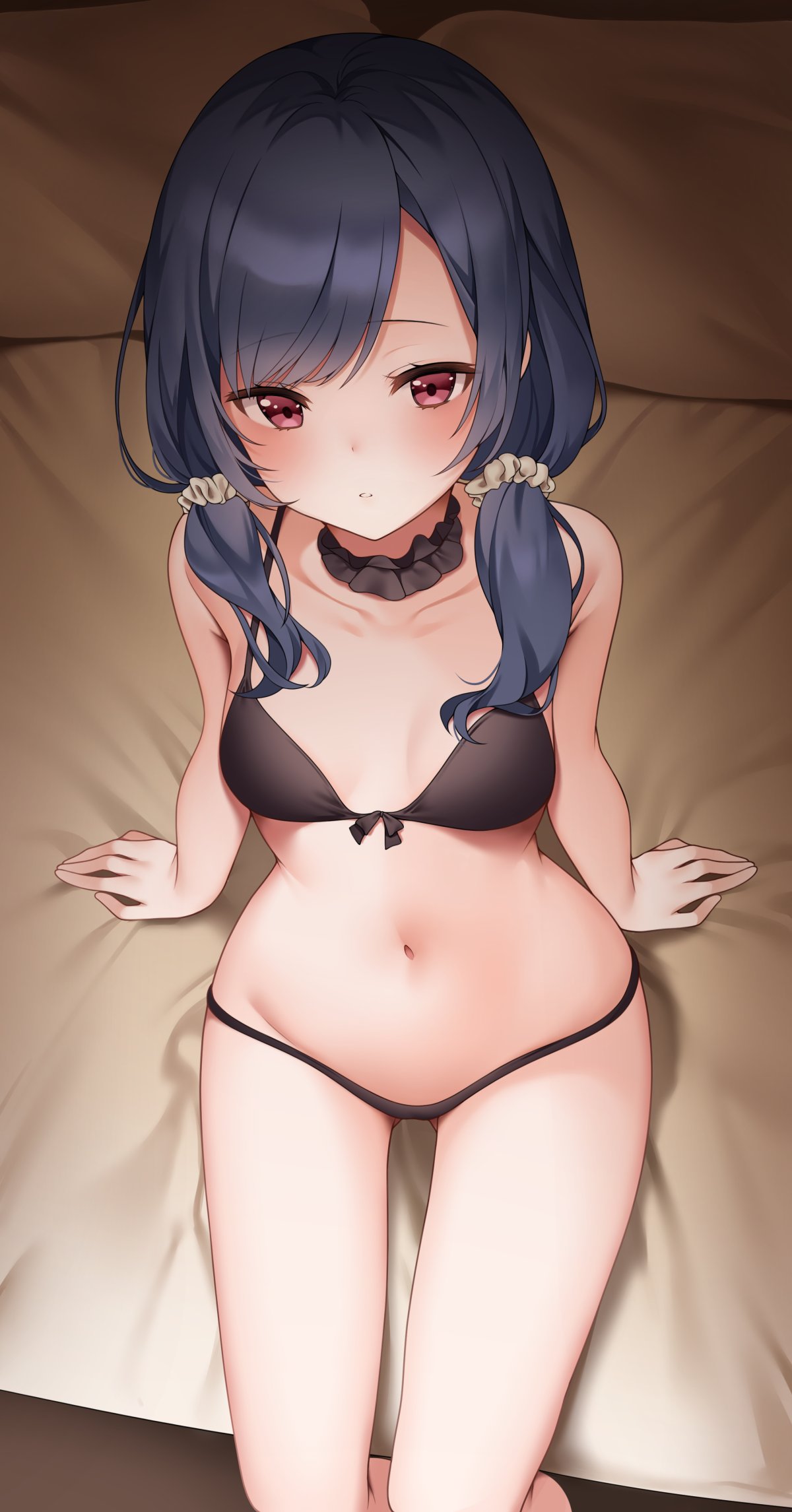 1girl bare_legs bare_shoulders bikini blue_hair blush breasts collarbone highres idolmaster idolmaster_shiny_colors looking_at_viewer low_twintails medium_hair morino_rinze navel on_bed parted_lips red_eyes reel_(riru) sitting small_breasts solo swimsuit twintails