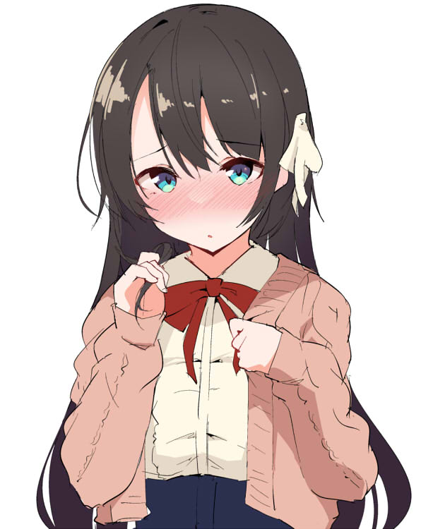 1girl black_hair blue_eyes blush bow hololive long_hair official_alternate_costume oozora_subaru playing_with_own_hair tera_zip virtual_youtuber white_background