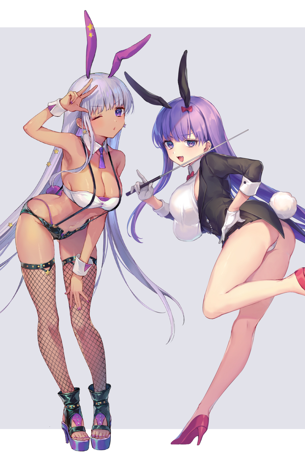 2girls animal_ears arm_up armpits bangs bare_legs bb_(fate) bb_(fate)_(all) bb_(swimsuit_mooncancer)_(fate) black_footwear black_jacket black_shorts blush breasts bunny_tail commentary_request dark-skinned_female dark_skin earrings eyebrows_visible_through_hair fake_animal_ears fake_tail fate/grand_order fate_(series) fishnet_legwear fishnets gloves grey_background hair_ornament hand_on_hip high_heels highres holding holding_pointer jacket jewelry large_breasts leaning_forward leg_up leotard long_sleeves looking_at_viewer looking_back micro_shorts multiple_girls nail_polish navel one_eye_closed open_clothes open_jacket panties platform_footwear pointer purple_hair purple_nails purple_panties rabbit_ears red_footwear shorts simple_background standing standing_on_one_leg star_(symbol) star_earrings star_hair_ornament strapless suspender_shorts suspenders tail thong toeless_footwear tubetop underwear v v-shaped_eyebrows violet_eyes vivi_(eve_no_hakoniwa) white_gloves white_leotard