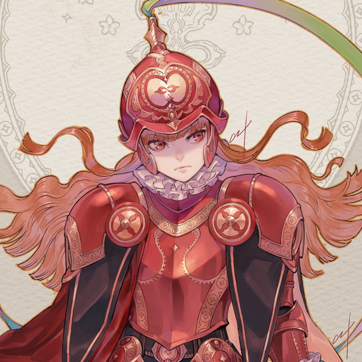 1girl armor belt breastplate brown_hair cape closed_mouth cropped eyebrows_visible_through_hair frills helmet knight long_hair nishiki_areku original patterned patterned_background pauldrons red_armor red_cape red_eyes shoulder_armor signature solo vambraces