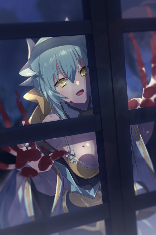 1girl against_glass against_window bikini blood blood_on_face bloody_hands blush bow breast_press breasts breasts_on_glass cis05 commentary_request dragon_girl dragon_horns eyebrows_visible_through_hair fate/grand_order fate_(series) frilled_bikini frills green_hair hair_between_eyes hair_bow horns japanese_clothes kimono kiyohime_(fate) kiyohime_(swimsuit_lancer)_(fate) long_hair looking_at_viewer medium_breasts multiple_horns obi off_shoulder open_mouth sash solo swimsuit wide_sleeves window yandere yellow_bikini yellow_bow yellow_eyes yellow_swimsuit
