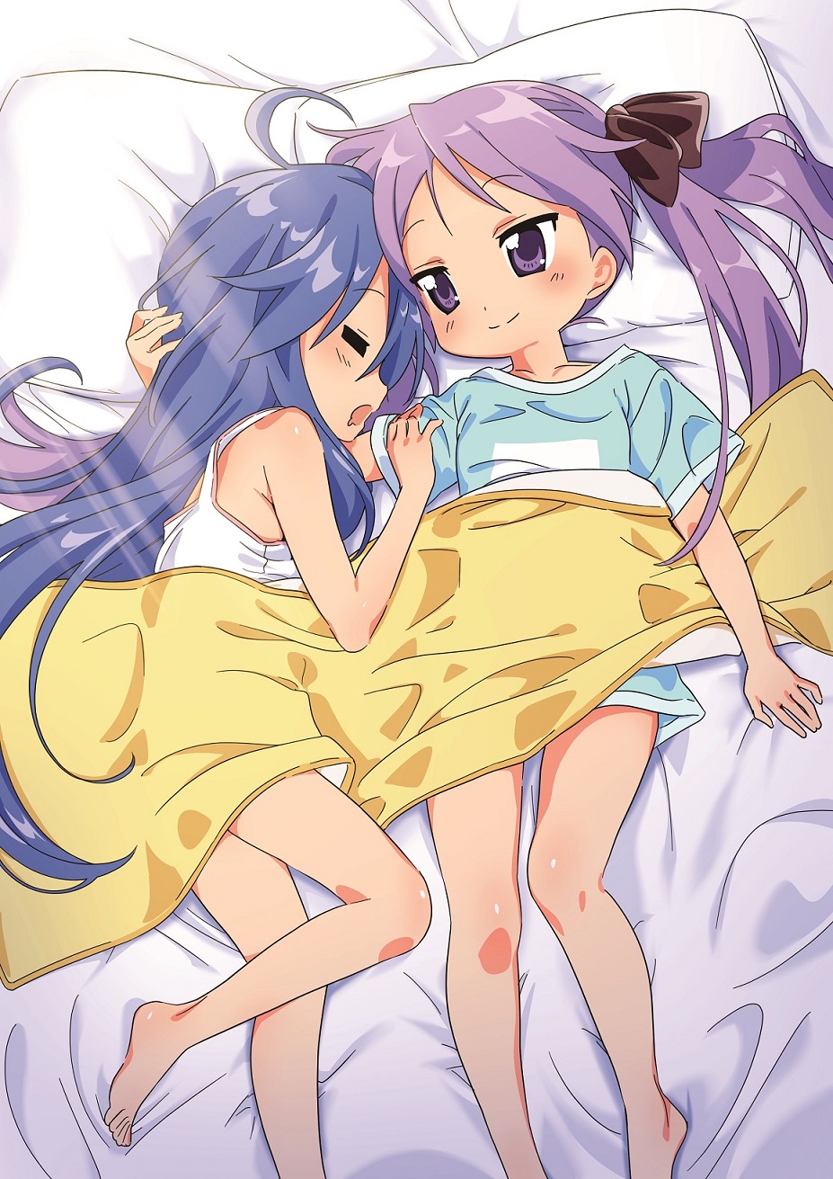 2girls =_= ahoge bangs bare_arms bare_shoulders barefoot black_ribbon blanket blue_hair blush child closed_eyes closed_mouth collarbone commentary_request eyebrows_visible_through_hair green_shirt hair_ribbon head_on_pillow highres hiiragi_kagami ichimi_renge izumi_konata light_rays long_hair looking_at_another lucky_star lying mouth_drool multiple_girls on_back on_bed on_side open_mouth pillow purple_hair ribbon second-party_source shiny shiny_hair shiny_skin shirt short_sleeves sleeping smile sunbeam sunlight tank_top toes twintails very_long_hair violet_eyes white_tank_top yuri