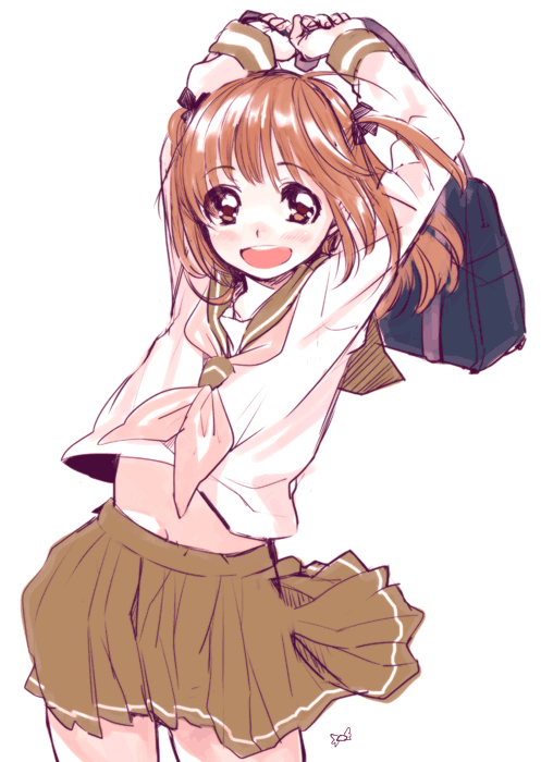 1girl :d amezawa_koma bag brown_eyes brown_hair green_sailor_collar green_skirt hands_above_head hands_up holding holding_bag long_sleeves looking_at_viewer miniskirt neckerchief open_mouth original pleated_skirt sailor_collar school_bag school_uniform serafuku shirt signature simple_background skirt smile solo two_side_up white_background white_neckwear white_shirt