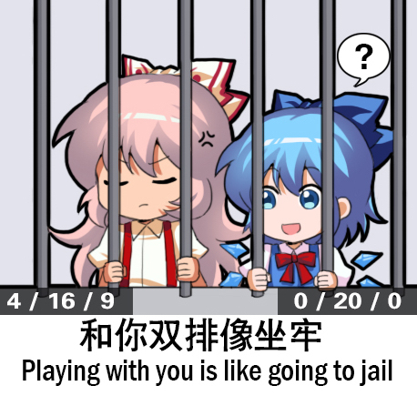 2girls ? anger_vein annoyed blue_dress blue_eyes blue_hair bow chibi chinese_commentary chinese_text cirno closed_eyes collared_shirt commentary_request dress english_text fujiwara_no_mokou hair_bow hair_ornament ice ice_wings jokanhiyou long_hair lowres multiple_girls prison prison_cell red_neckwear shirt short_hair short_sleeves silver_hair speech_bubble spoken_question_mark suspenders touhou translation_request wings