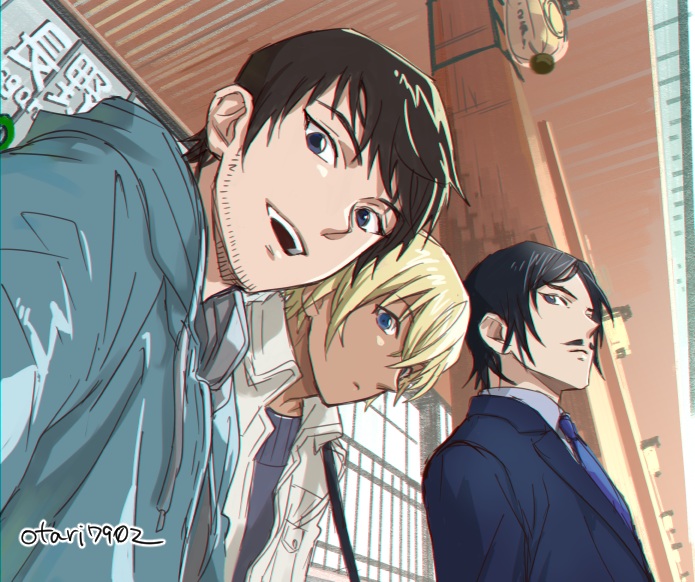 3boys :d amuro_tooru bangs black_hair black_jacket black_sweater blonde_hair blue_eyes blue_neckwear brothers brown_hair casual closed_mouth collared_shirt commentary_request dark-skinned_male dark_skin drawstring facial_hair formal from_below green_hoodie grey_jacket grey_shirt hair_between_eyes hood hood_down hoodie indesign jacket long_sleeves looking_at_viewer male_focus meitantei_conan morofushi_takaaki multiple_boys mustache necktie open_mouth parted_lips scotch_(meitantei_conan) shirt short_hair siblings sideways_glance signature smile stubble suit sweater upper_body upper_teeth