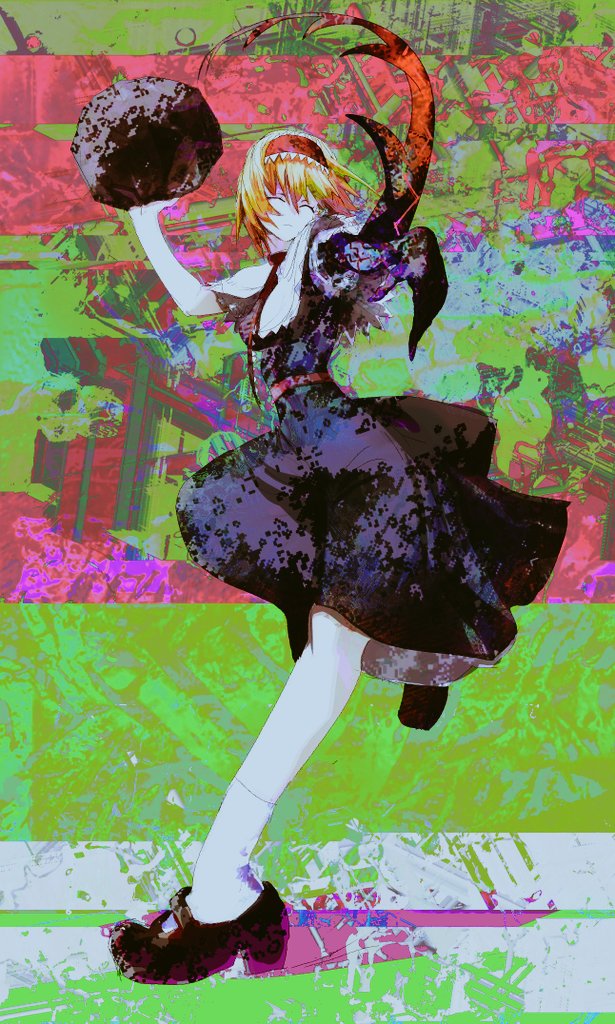 1girl abstract_background alice_margatroid bangs black_footwear blonde_hair blue_dress bois_de_justice capelet closed_eyes closed_mouth cookie_(touhou) dies_irae dress frilled_hairband frills full_body hair_between_eyes hairband hinase_(cookie) holding_rock neckerchief on_(_l0_) red_hairband red_neckwear red_sash sash shinza_bansho_series shoes short_hair smile socks solo touhou white_capelet white_legwear