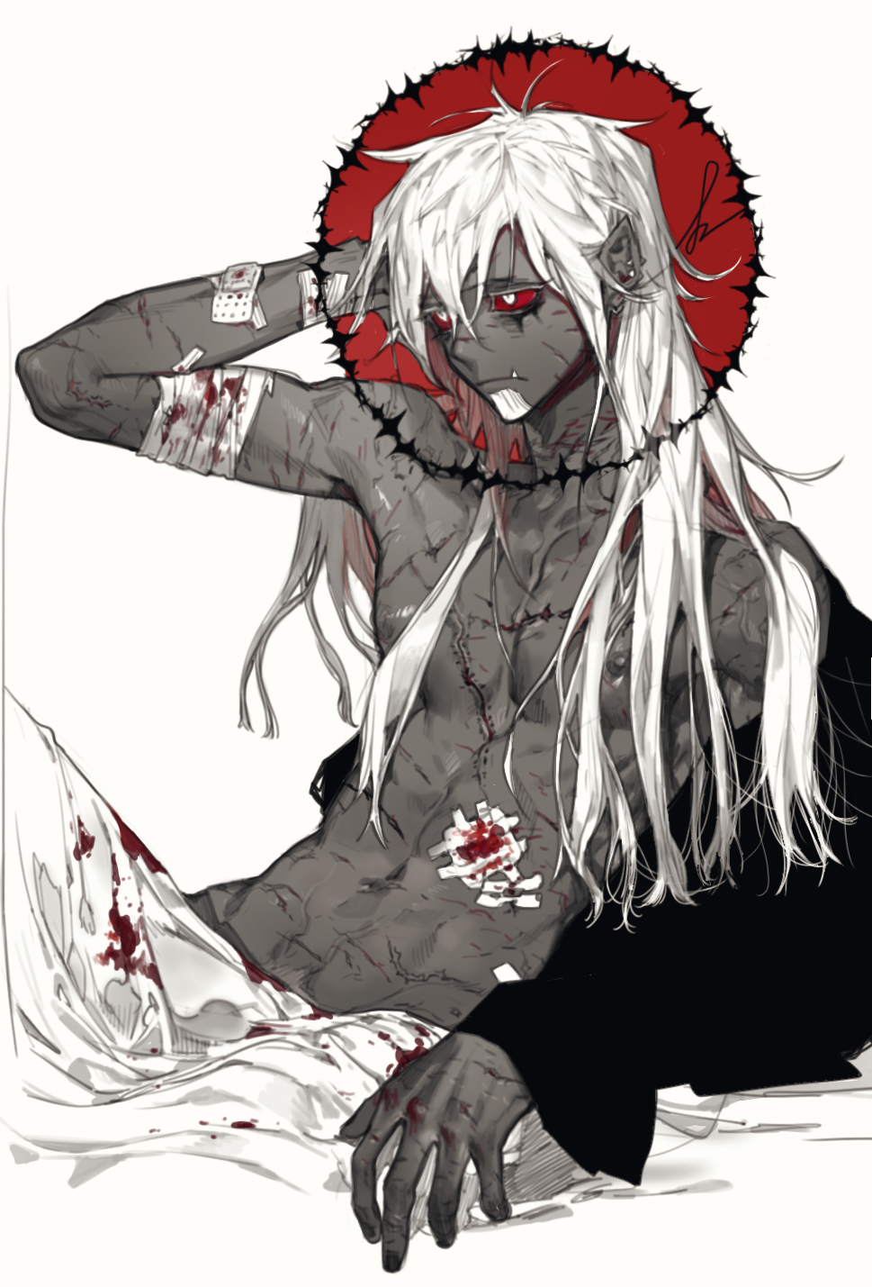 1boy bandaged_arm bandages bandaid bandaid_on_arm beard blood closed_mouth colored_sclera earrings facial_hair hand_up highres jewelry long_hair male_focus original pigeon666 pointy_ears reclining red_sclera scar scar_on_chest signature sitting solo tusks white_eyes white_hair