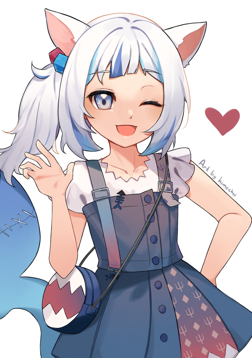 animal_ears artist_name bag blue_dress blue_eyes blue_hair cat_ears collarbone commentary dress fish_tail gawr_gura hair_cubes hair_ornament hand_on_hip hand_up highres himechui hololive hololive_english kemonomimi_mode long_hair looking_at_viewer multicolored_hair one_eye_closed open_mouth ponytail shark_tail shirt shoulder_bag streaked_hair suspenders symbol_commentary tail upper_body white_hair white_shirt