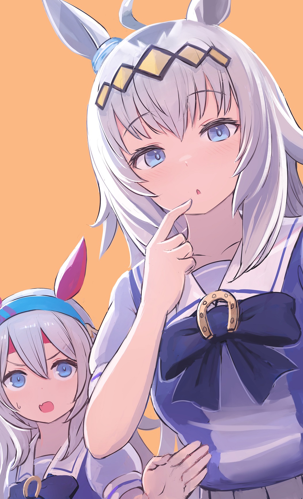 2girls ahoge animal_ears bangs blue_eyes blue_hair blue_shirt bow bowtie collarbone enumiyaa eyebrows_visible_through_hair fang hairband hand_up highres horse_ears horse_girl horseshoe index_finger_raised long_hair looking_at_viewer multiple_girls oguri_cap_(umamusume) open_mouth parted_lips sailor_collar shirt short_sleeves sidelocks simple_background skin_fang tamamo_cross_(umamusume) umamusume upper_body