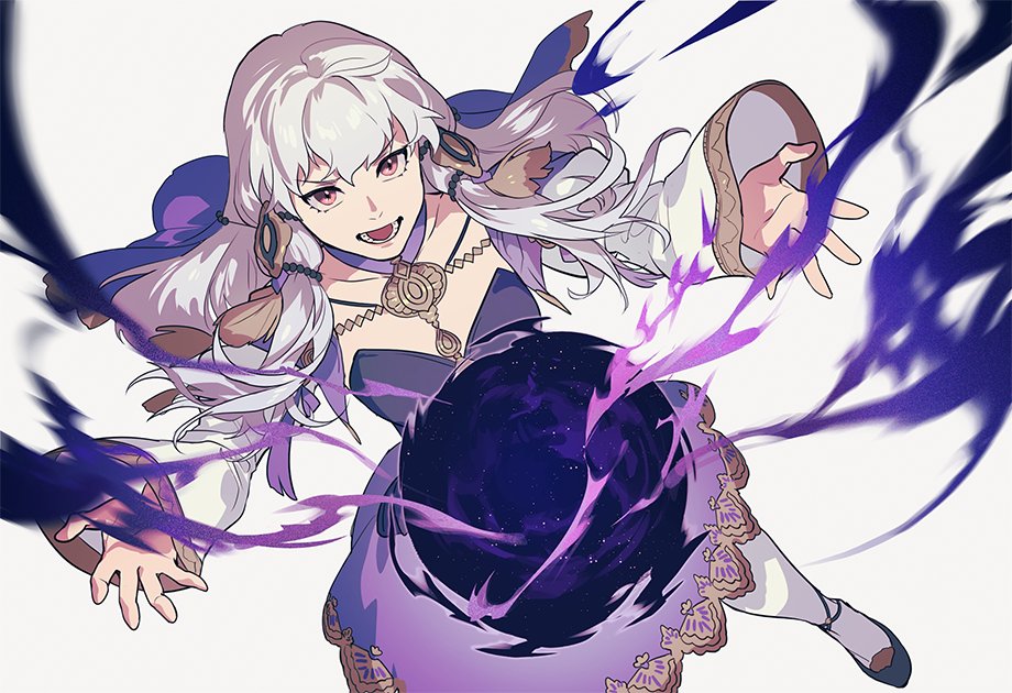 1girl beads black_footwear breasts byuub commentary detached_sleeves dress dutch_angle english_commentary fire_emblem fire_emblem_fates floating_hair foot_out_of_frame grey_background long_hair looking_at_viewer lysithea_von_ordelia magic off-shoulder_dress off_shoulder open_mouth outstretched_arms pantyhose purple_dress shoes silver_hair simple_background small_breasts solo veil violet_eyes white_legwear