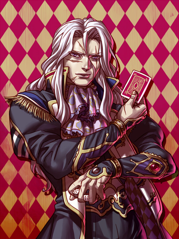 1boy black_jacket bracelet card checkered checkered_background dice final_fantasy final_fantasy_vi jacket jewelry kagelow long_hair long_sleeves looking_at_viewer male_focus playing_card popped_collar scar scar_across_eye scar_on_cheek scar_on_face setzer_gabbiani smile solo violet_eyes white_hair