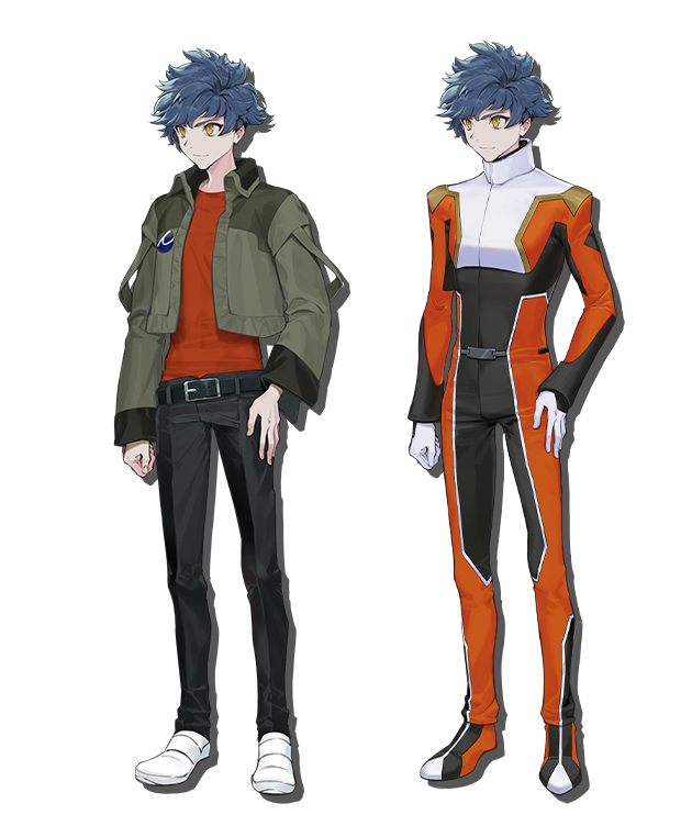1boy artist_request black_pants blue_hair clenched_hand green_jacket gundam gundam_seed gundam_seed_eclipse hand_on_hip jacket looking_to_the_side male_focus official_art orange_eyes orange_shirt pants pilot_suit shirt shirt_tucked_in smile tatsumi_hori transparent_background variations white_footwear