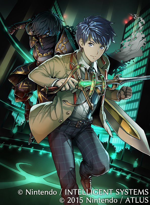 2boys aoi_itsuki armor belt blue_hair chrom_(fire_emblem) cityscape collared_shirt company_name daigoman fire_emblem fire_emblem_cipher holding holding_sword holding_weapon looking_at_viewer multiple_boys necktie night outdoors shirt sword tokyo_mirage_sessions_fe weapon