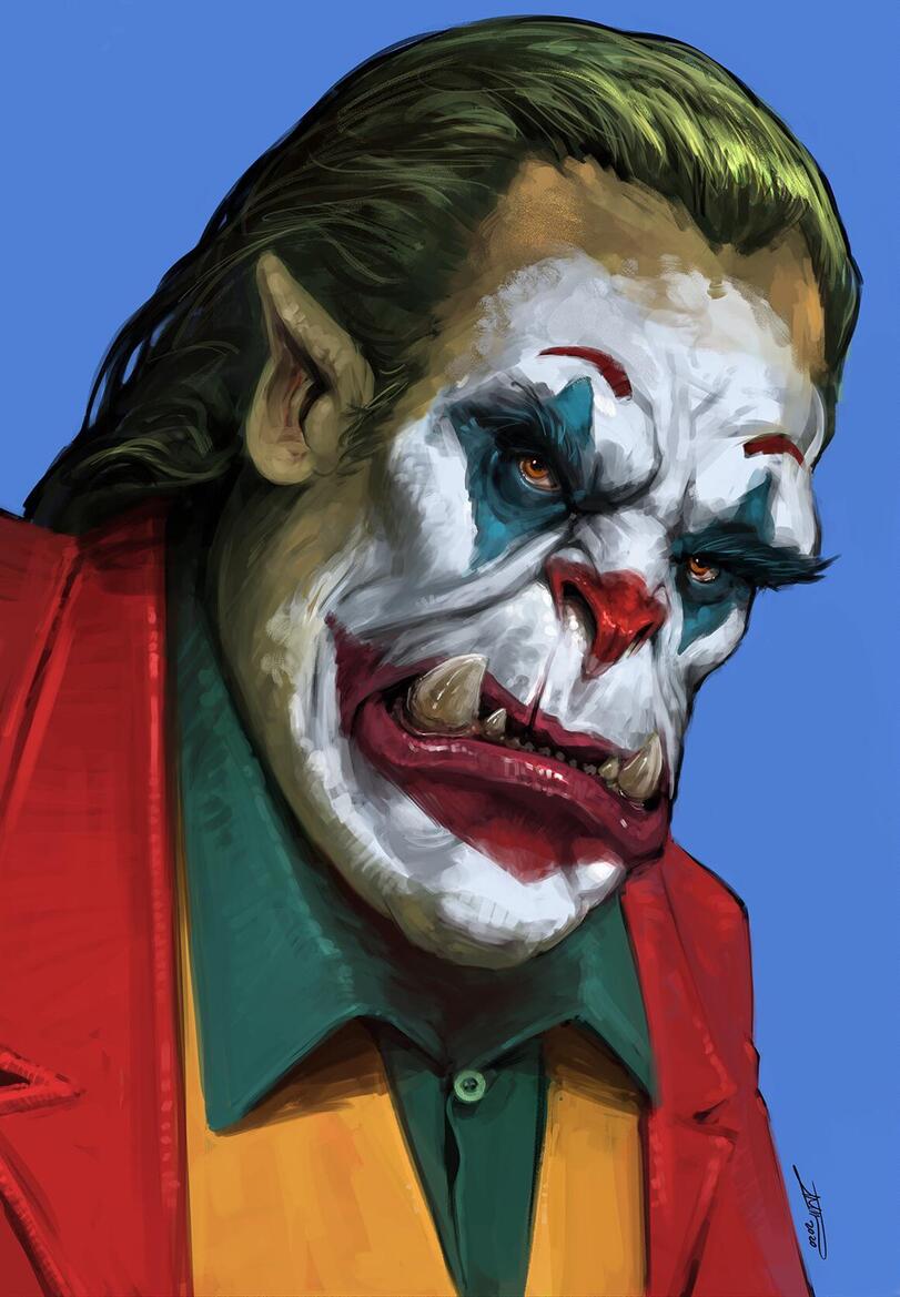 black_shirt close-up closed_mouth clown colored_skin face facepaint formal green_hair green_skin joker_(2019) red_suit shirt solo suit warhammer_40k