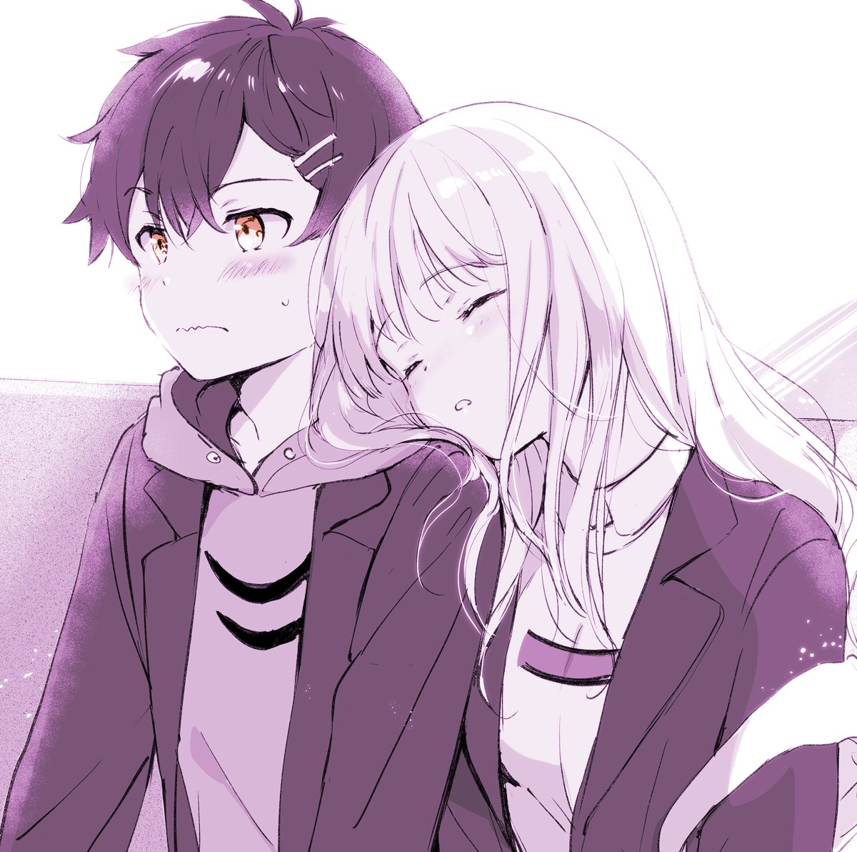 1boy 1girl akina_tsukako asanaka_yomogi blush closed_eyes commentary_request eyebrows_visible_through_hair gridman_universe head_on_another's_shoulder long_hair minami_yume monochrome orange_eyes purple_theme school_uniform short_hair sleeping sleeping_on_person ssss.dynazenon