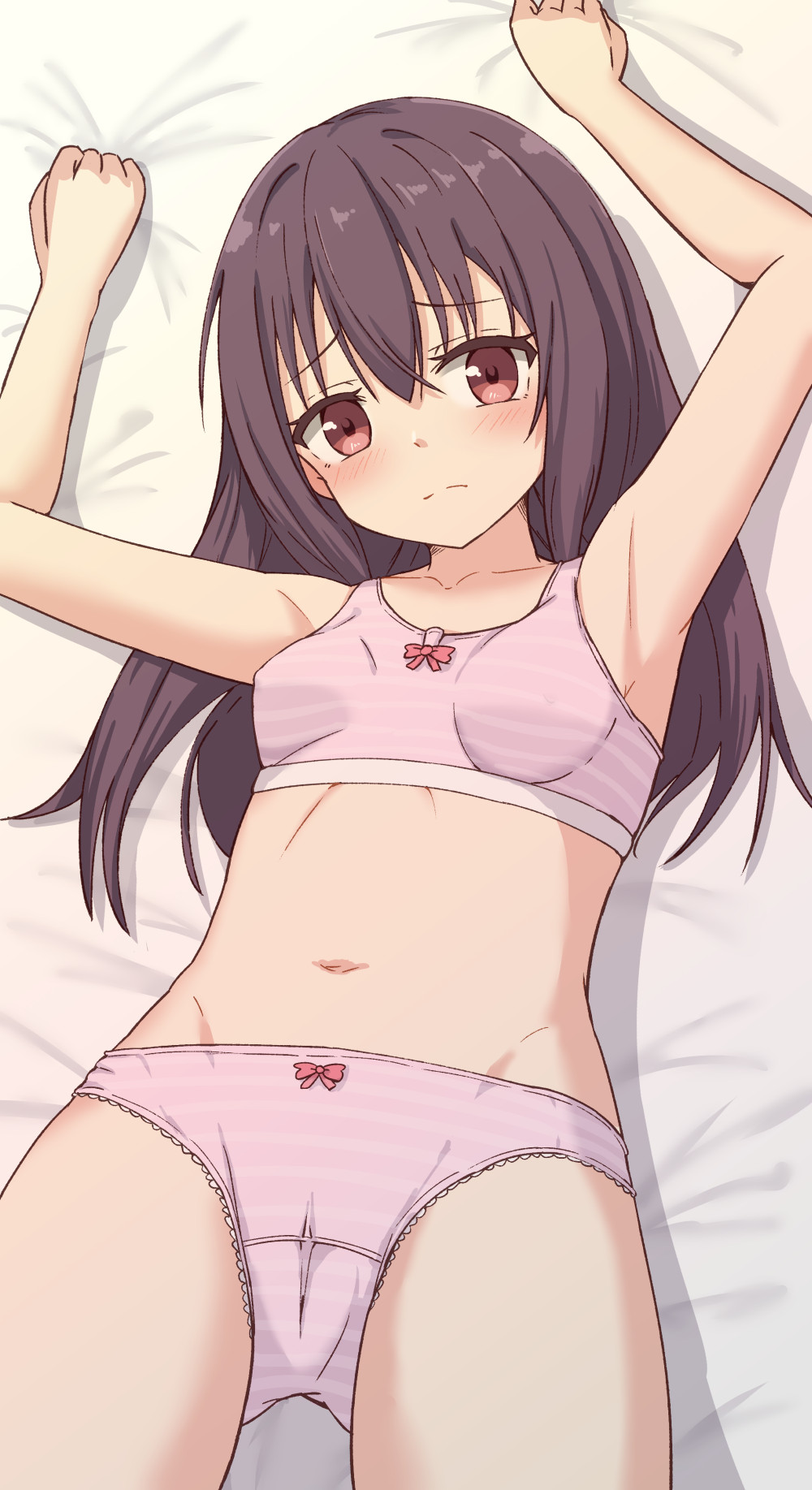 1girl armpits arms_up bangs bare_arms bare_shoulders bed_sheet blush bow bow_bra bow_panties bra breasts brown_eyes brown_hair closed_mouth collarbone commentary_request eyebrows_visible_through_hair frown groin hair_between_eyes head_tilt highres hippo_(hirople) long_hair lying navel on_back original panties pink_bra pink_panties small_breasts solo striped striped_bra striped_panties underwear underwear_only
