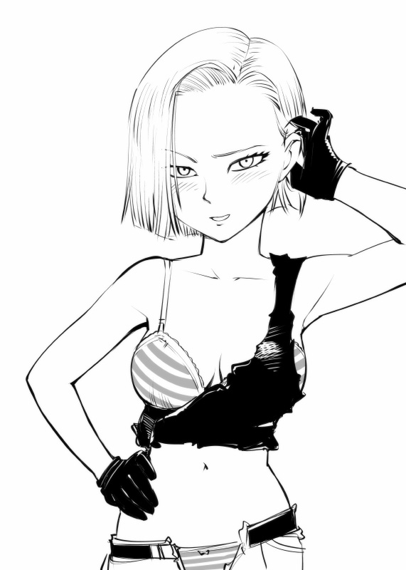 1girl android_18 belt black_gloves blush bra breasts dragon_ball dragon_ball_z gloves greyscale looking_at_viewer medium_hair monochrome navel open_mouth panties simple_background smile solo striped striped_panties ueyama_michirou underwear white_background