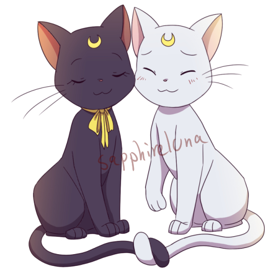 animal animal_focus artemis_(sailor_moon) artist_name bishoujo_senshi_sailor_moon black_cat blush bow cat cheek-to-cheek closed_eyes crescent holding_tail intertwined_tails luna_(sailor_moon) necktie raised_eyebrows sapphire_luna simple_background sitting smile tail watermark white_background white_cat yellow_bow