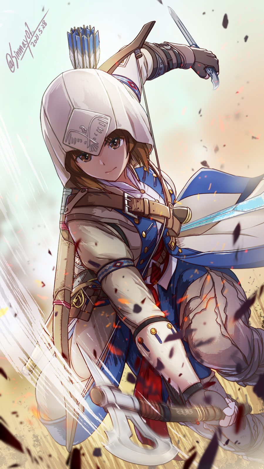 1girl arrow_(projectile) assassin's_creed_(series) assassin's_creed_iii axe bangs bow_(weapon) brown_eyes brown_gloves brown_hair coat connor_kenway connor_kenway_(cosplay) cosplay fingerless_gloves girls_und_panzer gloves highres holding holding_axe holding_knife hood hood_up hooded_coat knife long_sleeves nishizumi_miho shinmai_(kyata) short_hair solo tomahawk weapon white_coat