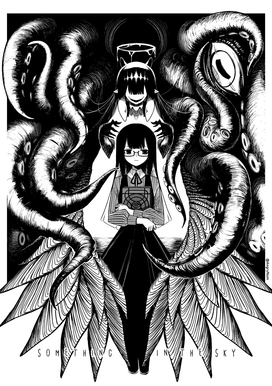 2girls angry_num bangs black_dress book collared_shirt dress dual_persona english_text expressionless faceless faceless_female glasses greyscale halo highres holding holding_book hololive hololive_english long_hair looking_at_viewer mole mole_under_eye monochrome multiple_girls ninomae_ina'nis open_mouth pointy_ears shirt smile tentacle_hair tentacles virtual_youtuber wings