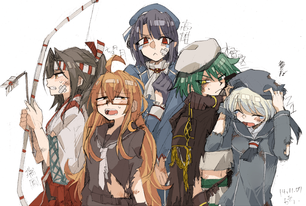 5girls ahoge arrow_(projectile) bangs black_hair black_sailor_collar blue_sailor_collar bow_(weapon) breasts broken broken_weapon brown_hair cape character_name closed_eyes dirty dress frown glasses gloves green_hair hachimaki hat headband heterochromia holding holding_arrow holding_bow_(weapon) holding_weapon japanese_clothes kantai_collection kiso_(kancolle) long_hair long_sleeves mido006 mochizuki_(kancolle) multiple_girls open_mouth ponytail sailor_collar sailor_dress school_uniform short_hair silver_hair simple_background takao_(kancolle) tears torn_clothes torn_hat upper_body weapon white_background z1_leberecht_maass_(kancolle) zuihou_(kancolle)