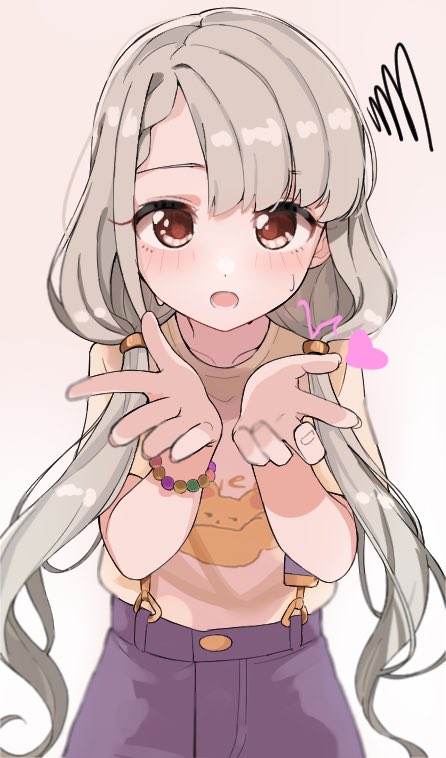 1girl bangs blush braid braided_bun brown_background brown_shirt collarbone commentary_request eyebrows_behind_hair grey_hair hair_over_shoulder hands_up hisakawa_nagi idolmaster idolmaster_cinderella_girls idolmaster_cinderella_girls_starlight_stage long_hair looking_at_viewer low_twintails open_mouth purple_skirt shirt shiwa_(siwaa0419) short_sleeves simple_background skirt solo squiggle suspender_skirt suspenders sweat twintails very_long_hair