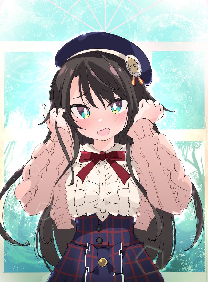 1girl beret blue_headwear blush brown_hair commentary_request green_eyes hat hololive ixy long_hair long_sleeves looking_at_viewer oozora_subaru open_mouth red_neckwear red_ribbon ribbon solo star_(symbol) virtual_youtuber