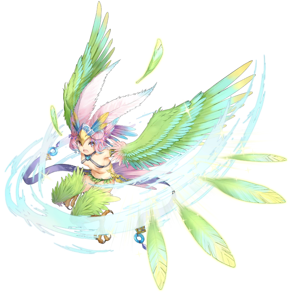 1girl action armlet bare_shoulders bird_legs bird_tail blue_hair blue_pupils breasts carol_(clover_theater) clover_theater feather_hair_ornament feathered_wings feathers gradient_hair green_feathers green_wings hair_ornament harpy headdress heart-shaped_gem monster_girl multicolored_hair navel observerz official_art open_mouth pink_eyes pink_feathers pink_hair revealing_clothes small_breasts solo tail_feathers talons throwing visible_air winged_arms wings yellow_feathers