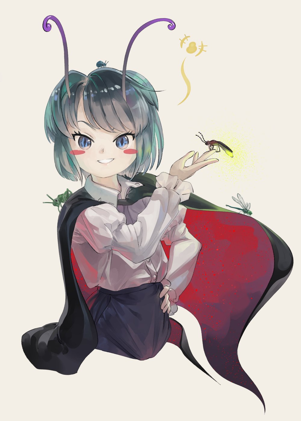 1girl antennae bangs bike_shorts black_cape black_shorts blue_shorts breasts bug cape collared_shirt fireflies firefly flat_chest green_eyes green_hair highres insect red_cape riki6 shirt short_hair short_sleeves shorts small_breasts touhou two-sided_cape two-sided_fabric white_shirt wriggle_nightbug