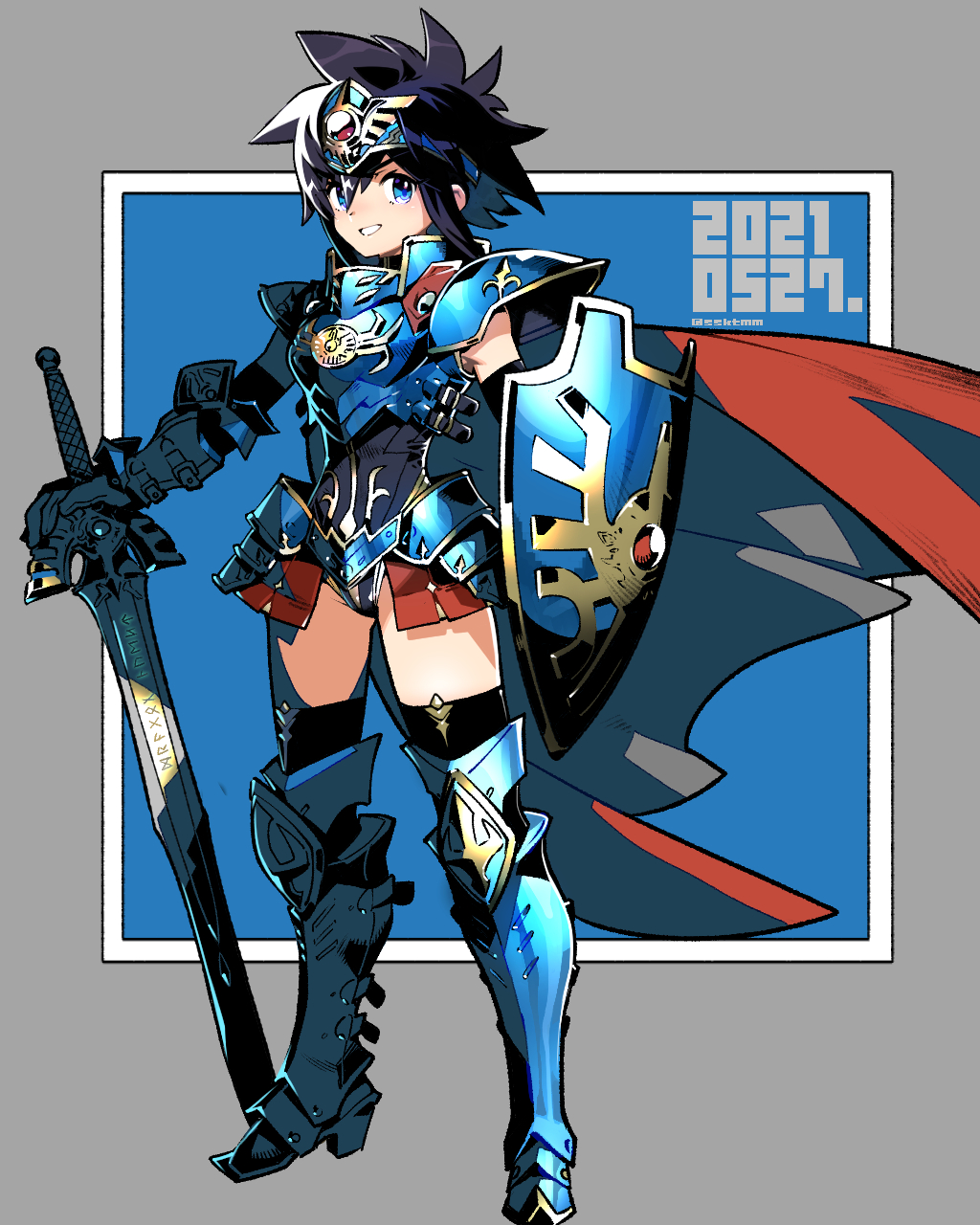 1girl black_hair blue_eyes cape circlet dragon_quest dragon_quest_iii elbow_gloves fujimoto_hideaki genderswap gloves highres long_hair looking_at_viewer mitre roto short_hair smile solo sword weapon