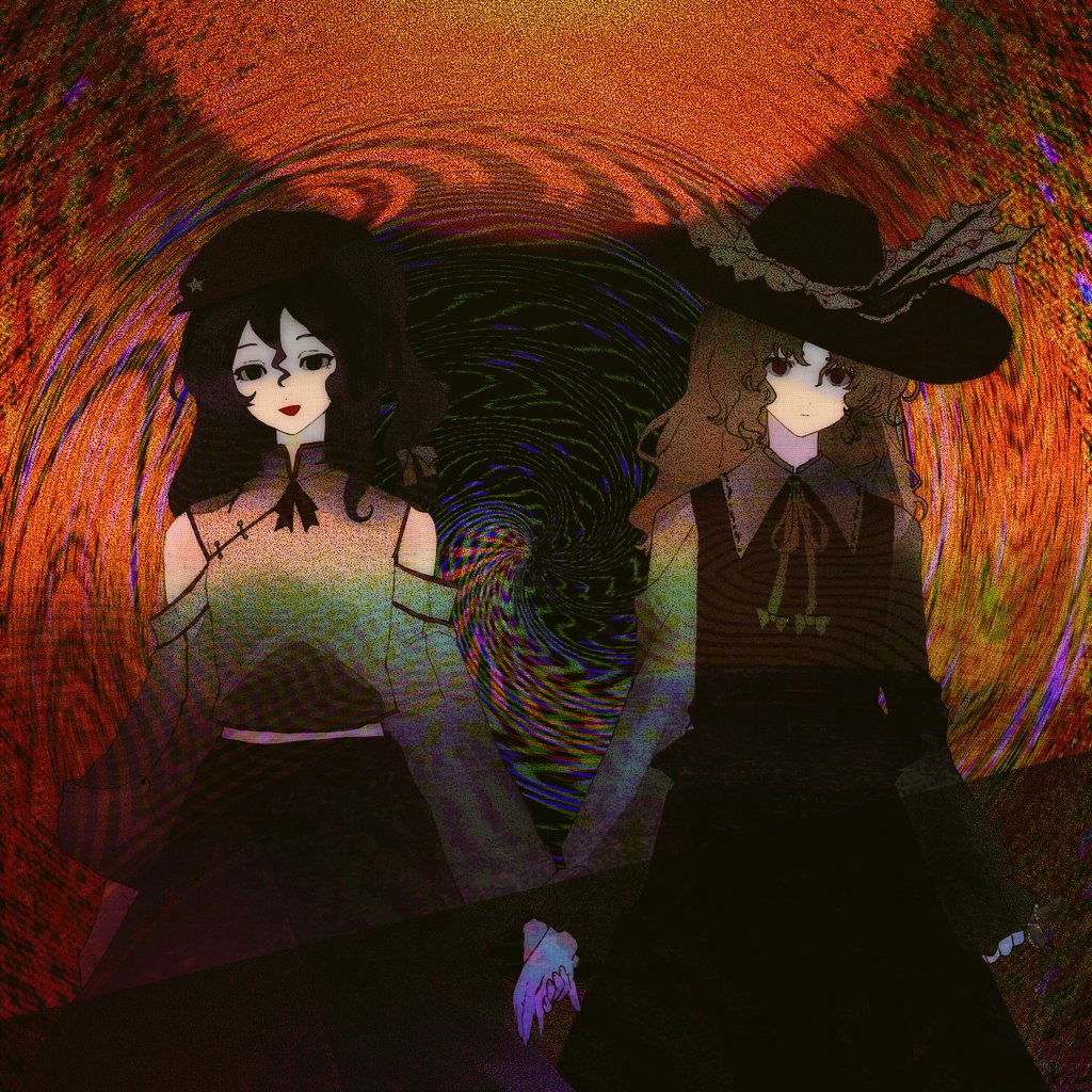 2girls abstract_background bangs black_eyes black_hair black_headwear black_skirt black_vest blonde_hair chinese_commentary closed_mouth collared_shirt commentary_request cowboy_shot detached_sleeves hair_between_eyes hat hat_ornament jacket_girl_(dipp) label_girl_(dipp) long_hair long_sleeves looking_at_viewer multiple_girls on_(_l0_) red_headwear shirt skirt smile star_(symbol) star_hat_ornament swirl touhou vest white_shirt white_sleeves