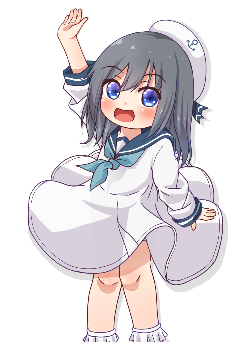 1girl :d blue_eyes blue_neckwear blue_sailor_collar child comiching dress feet_out_of_frame grey_hair hand_up hat highres if_they_mated neckerchief open_mouth original sailor_collar sailor_dress sailor_shirt shirt simple_background smile solo standing white_background white_dress