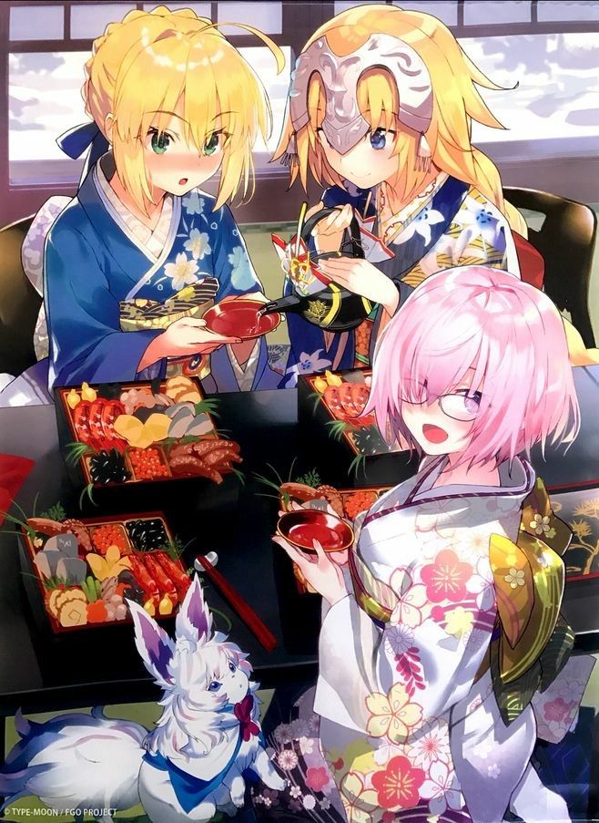 3girls ahoge artoria_pendragon_(all) bangs blonde_hair blue_eyes braid braided_ponytail cup fate/apocrypha fate/grand_order fate/stay_night fate_(series) glasses hair_between_eyes headpiece japanese_clothes jeanne_d'arc_(fate) jeanne_d'arc_(fate)_(all) kimono long_hair looking_at_viewer mash_kyrielight multiple_girls new_year official_art open_mouth pot pouring purple_hair ribbon saber shirabi short_hair sitting smile violet_eyes