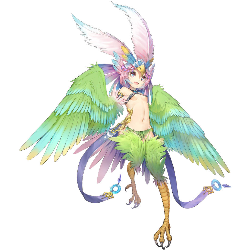 1girl armlet bare_shoulders bird_legs bird_tail blue_hair blue_pupils breasts carol_(clover_theater) clover_theater feather_hair_ornament feathered_wings feathers gradient_hair green_feathers green_wings hair_ornament harpy headdress heart-shaped_gem monster_girl multicolored_hair navel observerz official_art open_mouth pink_eyes pink_feathers pink_hair revealing_clothes small_breasts solo tail_feathers talons winged_arms wings yellow_feathers