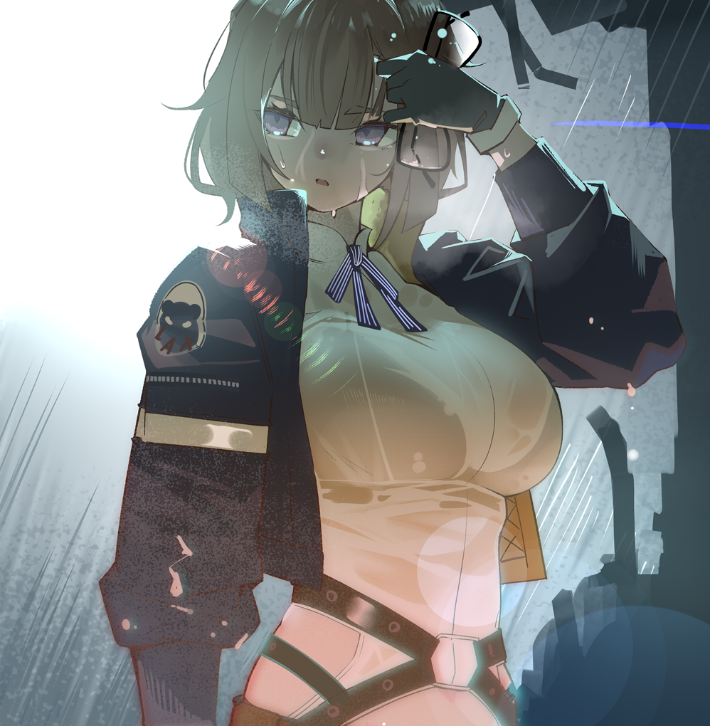1girl bangs blunt_bangs brown_hair commission girls_frontline grizzly_mkv_(girls_frontline) see-through short_hair skeb_commission solo violet_eyes warashi wet wet_clothes