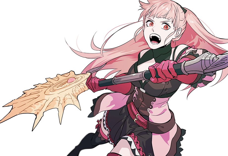 1girl axe belt black_dress black_footwear black_legwear boots breasts byuub commentary cowboy_shot detached_sleeves dress english_commentary fire_emblem fire_emblem:_three_houses freikugel_(weapon) gloves hilda_valentine_goneril holding holding_axe long_hair looking_at_viewer medium_breasts open_mouth pink_gloves pink_hair ponytail red_eyes simple_background solo teeth thigh-highs thigh_boots underbust white_background